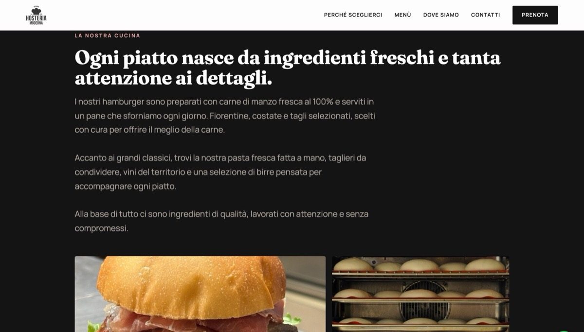 Sezione cucina del sito Hosteria Moderna: ingredienti freschi in primo piano