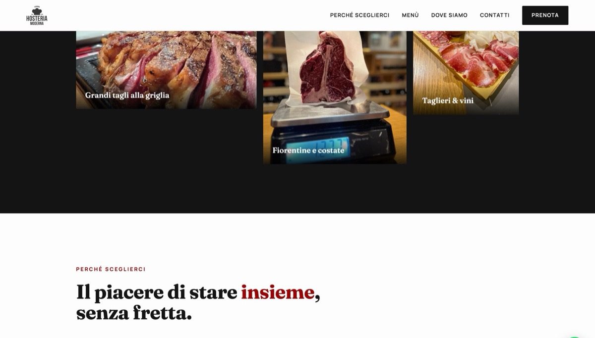 Gallery piatti del sito Hosteria Moderna: griglia, fiorentine, taglieri e vini